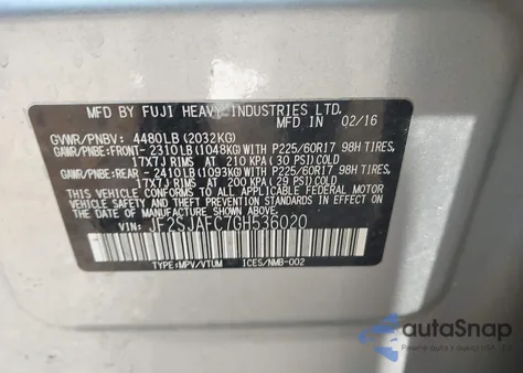 2016 Subaru Forester 2.5I Premium from USA, damaged, VIN JF2SJAFC7GH536020